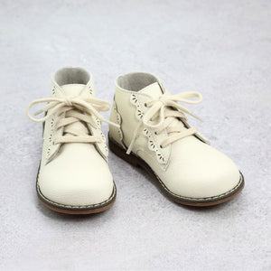 Junie Vintage Inspired Leather Boot with Appleseed Design Bone - Babychelle