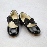 Amelia Girls Special Occasion Elastic Bow Flat in Patent Black - Babychelle.com