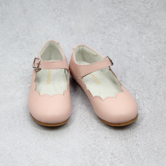 L'Amour Toddler Girls Sonia Classic Scalloped Pink Leather Flat