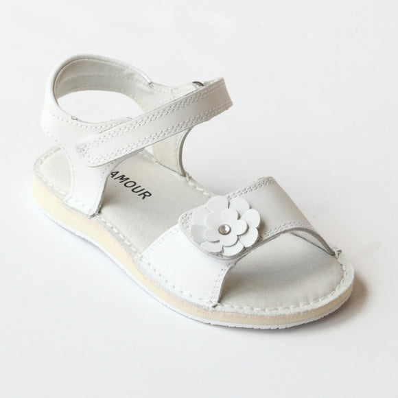 L'Amour Shoes Girls C-730 White Flower Double Strap Sandals – Babychelle