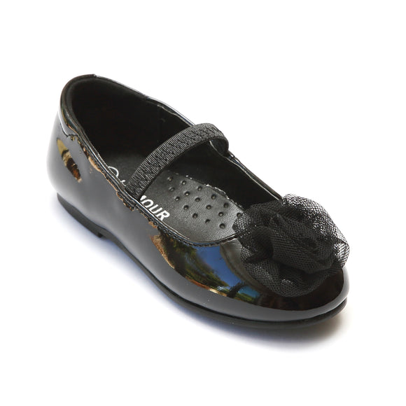 L'Amour Girls Black Organza Flower Applique Flats - Babychelle.com